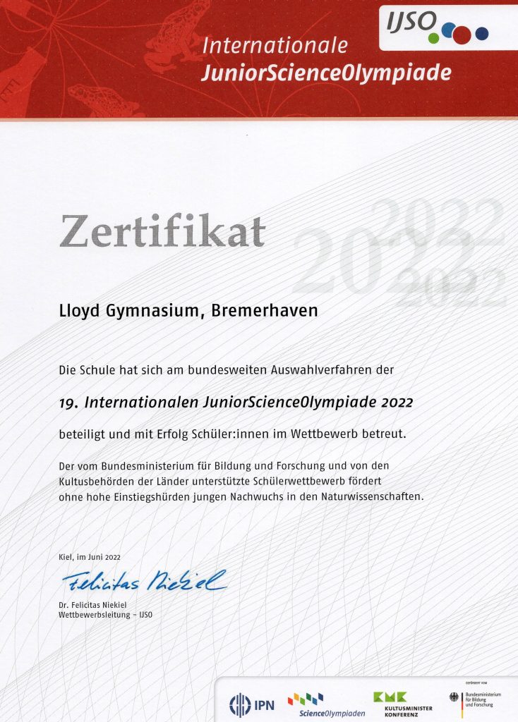 2022 JuniorScienceOlympiade Zertifikat ©LloydGy