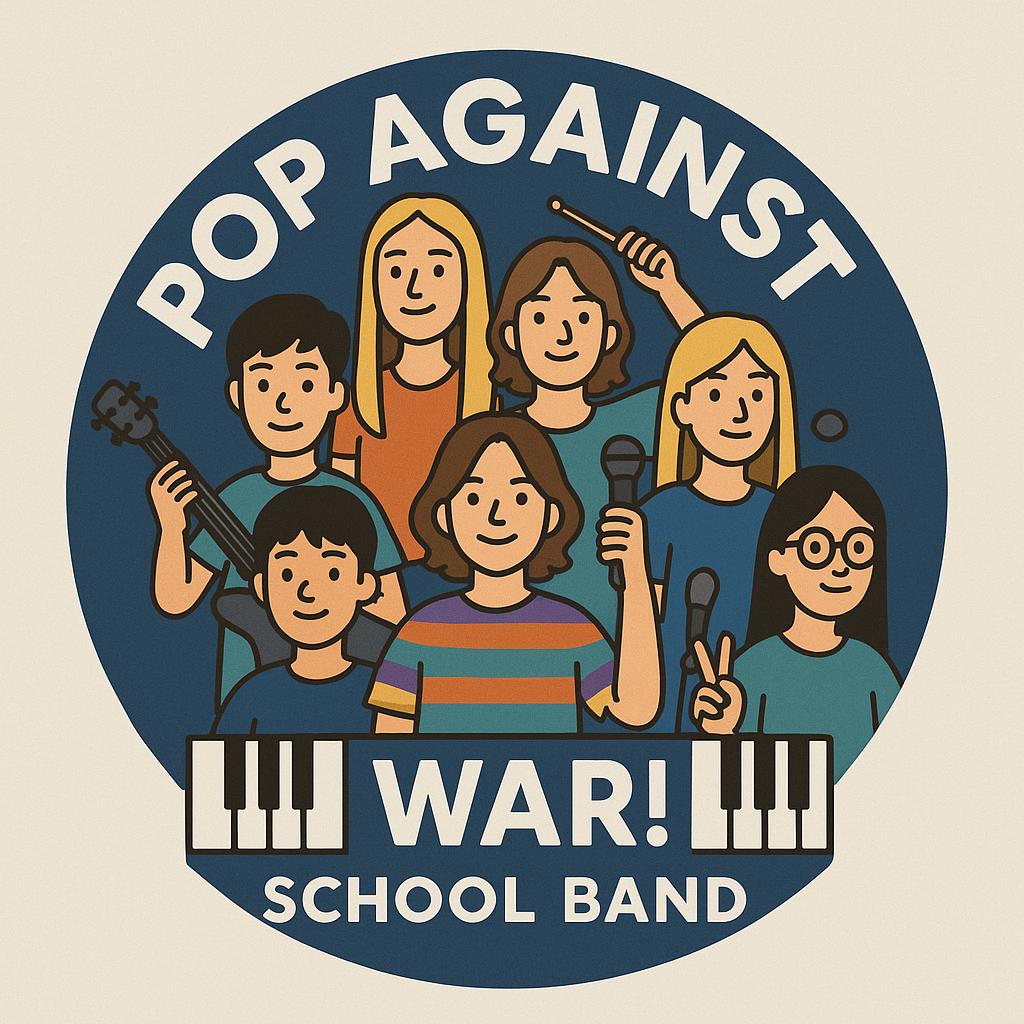 Ein KI-generiertes Bild im Comic-Stil, welches sieben Musiker*innen mit Mikrofonen und Instrumenten zeigt und die Beschriftung "Pop against War ! School Band" beinhaltet."