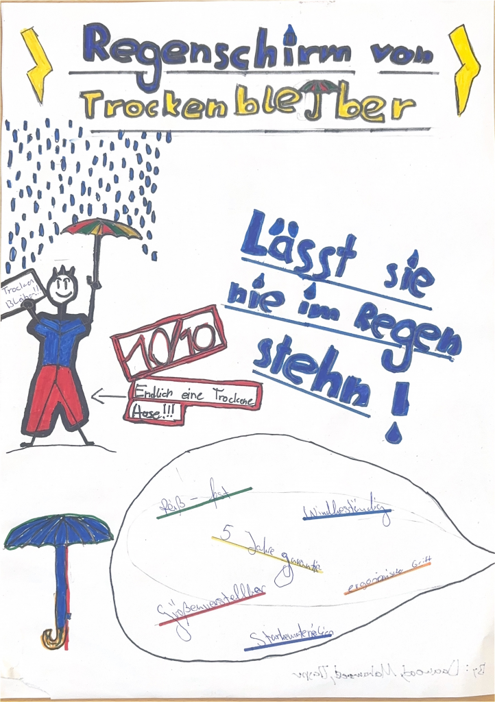 (c) Lloyd 2026: Werbeplakat - Regenschirm von Trockenbleiber: LĂ€sst Sie nie im Regen stehen!