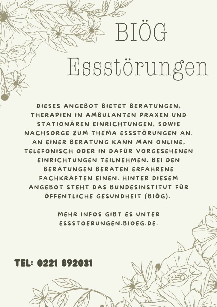 Plakat über das Hilfsangebot BIÖG Essstörungen